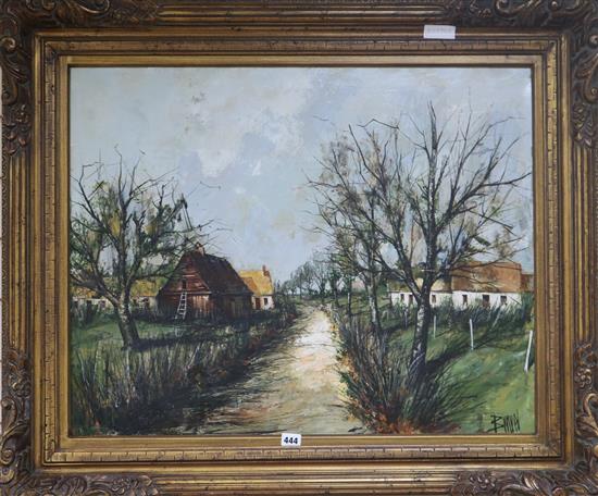 Bunyer, oil on canvas, cottages in a continental landscape, signed, 60 x 75cm
